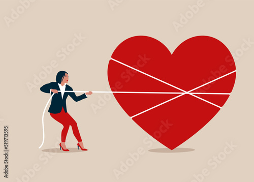 Young strong girl pulling a heart with a rope, love and achievement. Saint Valentine's Day.