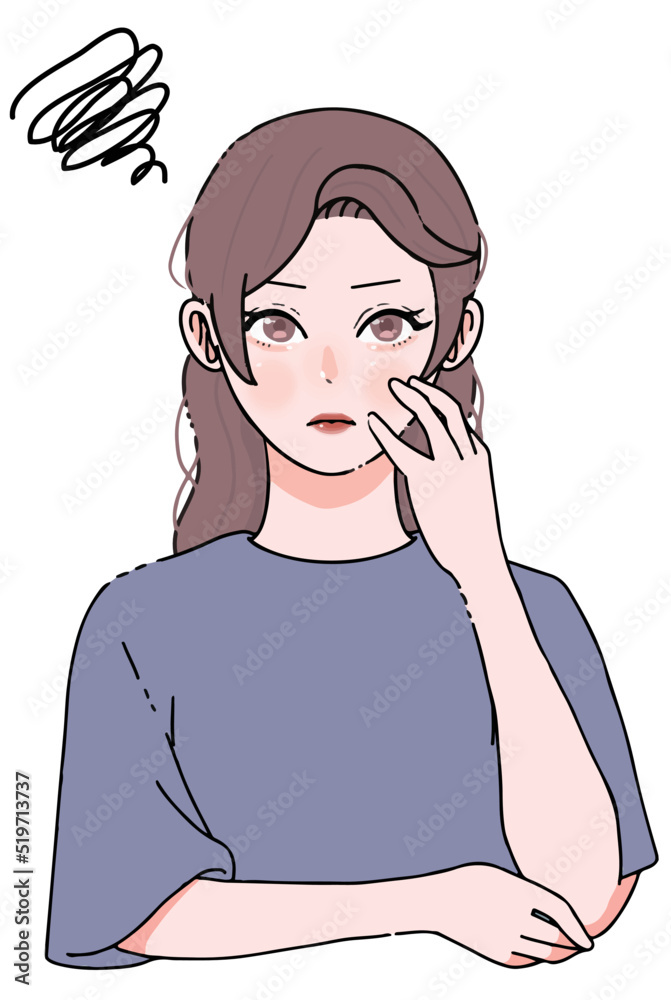 悩む若いロングヘアの女性のイラスト 悩む若いロングヘアの女性のイラスト