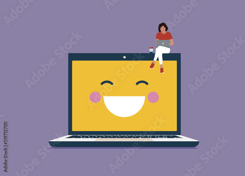 Happy female working with laptop on smiling screen laptop. Work happiness or job satisfaction, passion.