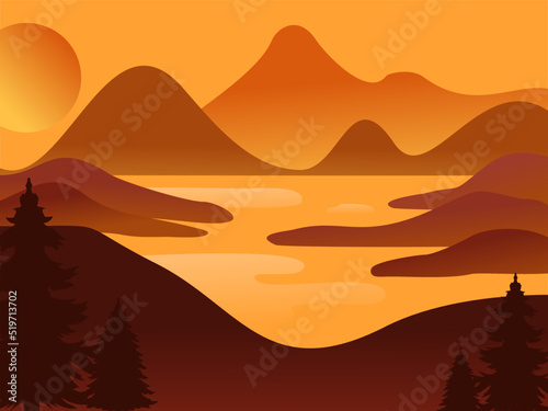 Vector illustration. of mountain landscapes in a flat style. Natural wallpapers. Organic minimalis. Sunrise  misty terrain with slopes  mountains near the forest. Clear sky