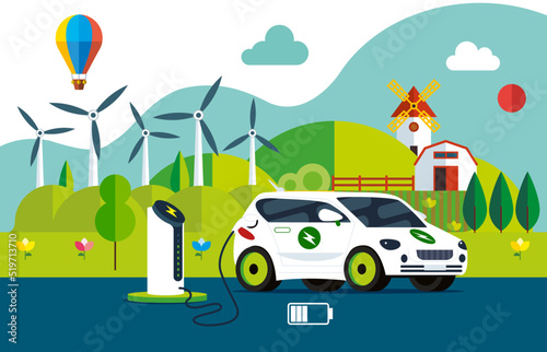 Electric car charging its battery with natural landscape, ecology, sustainability, clean air, future. 
