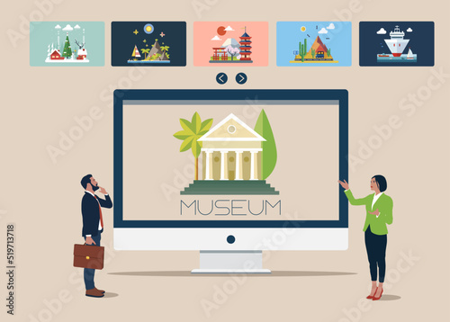 Museum building on computer screen. Interactive museum exhibition. Online gallery.