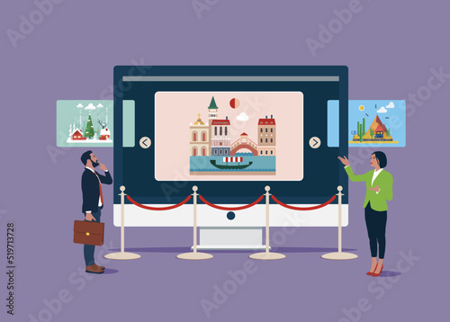 Virtual museum on monitor screen. Various users or students is studying works of art. Interactive museum exhibition.