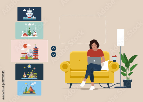 Woman sits with laptop. Virtual museum on laptop and is studying works of art. Interactive museum exhibition. Online gallery. 