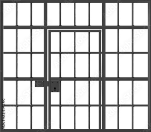 Prison cage with locked door, jail with black metal bars isolated on white background. Detailed iron fence and doorway, criminal institution grate realistic mockup, 3d vector illustration