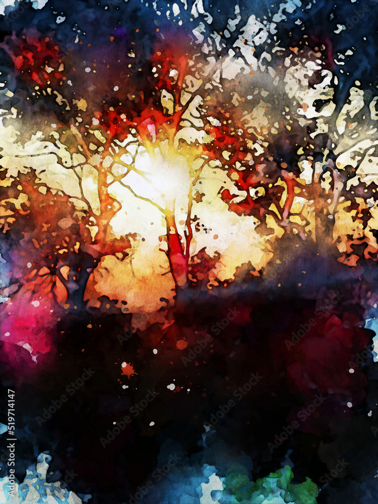 Obraz premium Abstract digital painting of tree at sunset time, warm tone image