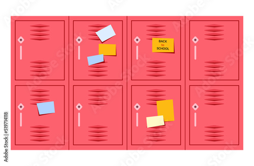 Closed school lockers with colorful stickers. Storage boxes for personal items, school supplies. Vector illustration in flat style