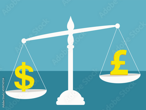 Balancing Dollar And Pound Scales currency concept, dollar and Pound signs on scales being weighed