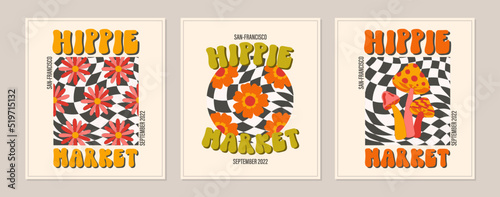 Hippie funky vibe style template. Vintage 1960-1970. Hippy retro background. Symbol retro print.