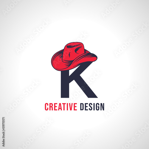 Initial Letter K Vector Logo Design with Red Cowboy Hat