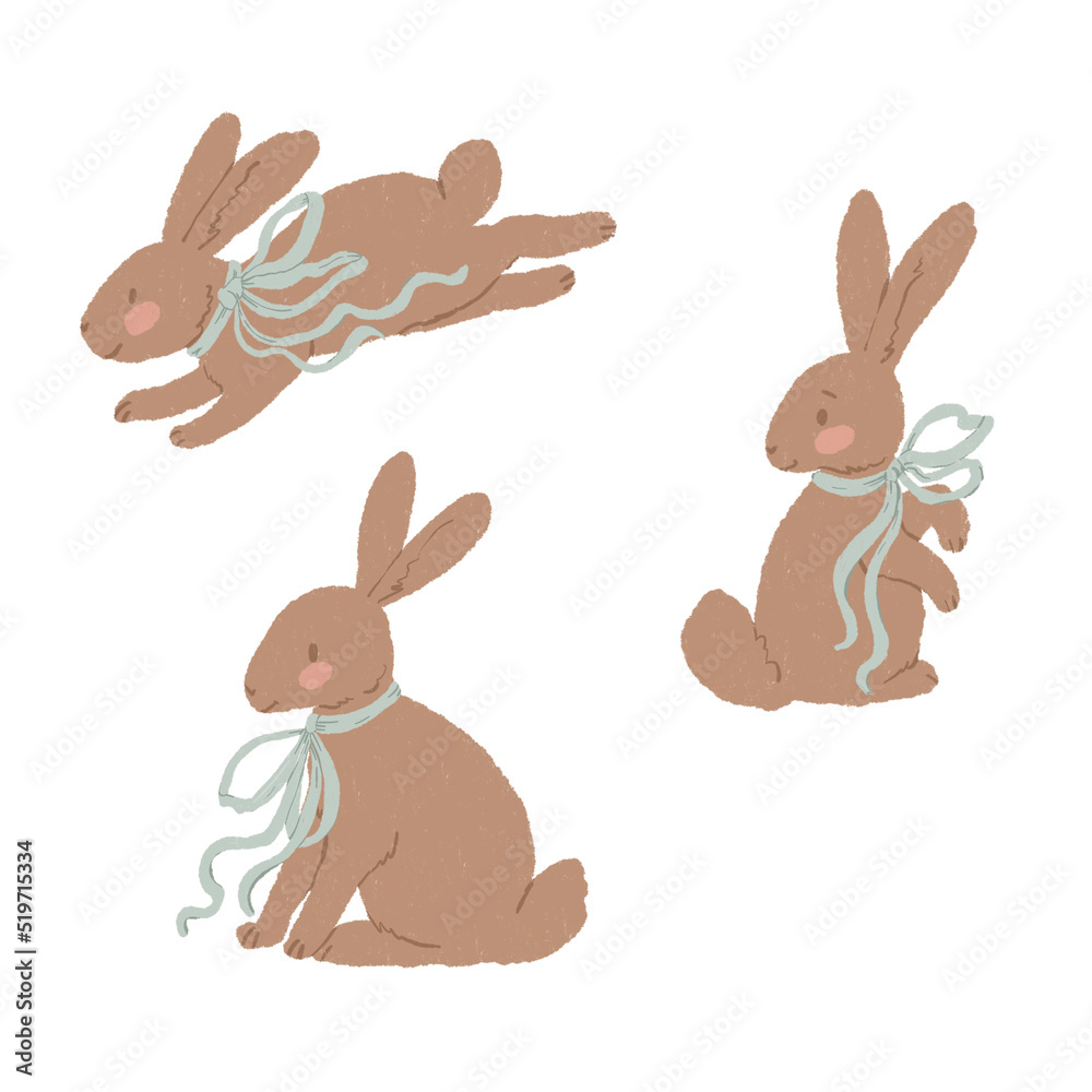 Fototapeta premium Cute buny illustration. A simple brown rabbit with a blue bow around its neck. Isolated animal on white background