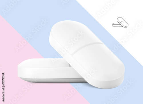 Realistic oblong convex tablet with break line mockup. Vector illustration. Can be used for medical and cosmetic. Ready for your design on different backgrounds. EPS10.	