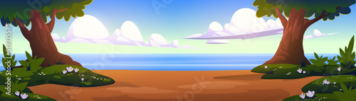 Cartoon nature landscape with forest trees and sea under blue sky with fluffy clouds. Scenery summer background with ocean view through deciduous wood and bushes, natural scene, Vector illustration