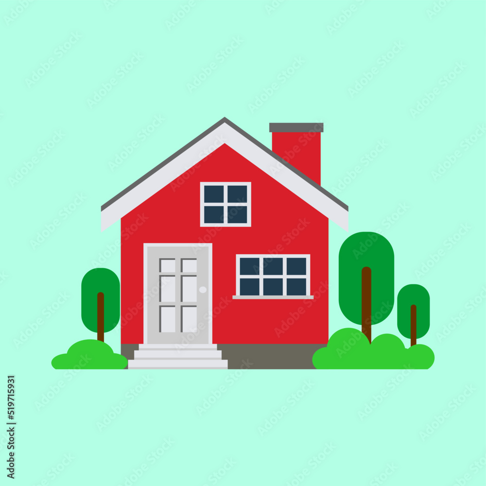 simple house exterior vector illustration, flat design, with plants isolated on white background, full color