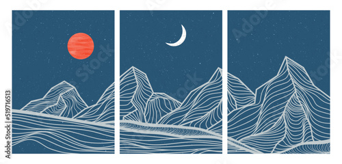 set of creative minimalist modern line art print. Abstract mountain contemporary aesthetic backgrounds landscapes. with mountain, forest, sea, skyline, wave. vector illustrations