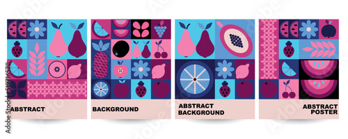 Bauhaus fruits poster. Abstract geometric food, bright colorful blue and pink pattern, simple forms. Natural organic background, modern banner or card, agriculture design. Vector illustration