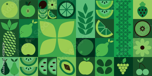 Bauhaus food. Abstract geometric fruits, bright colorful green pattern, simple forms. Natural organic background, modern banner or horizontal poster, eco agriculture design. Vector illustration