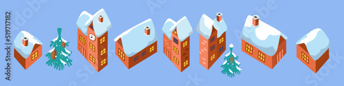 Houses, huts, buildings, constructions for people in village. Cartoon vector illustrations. Isometric image of winter houses for design.
