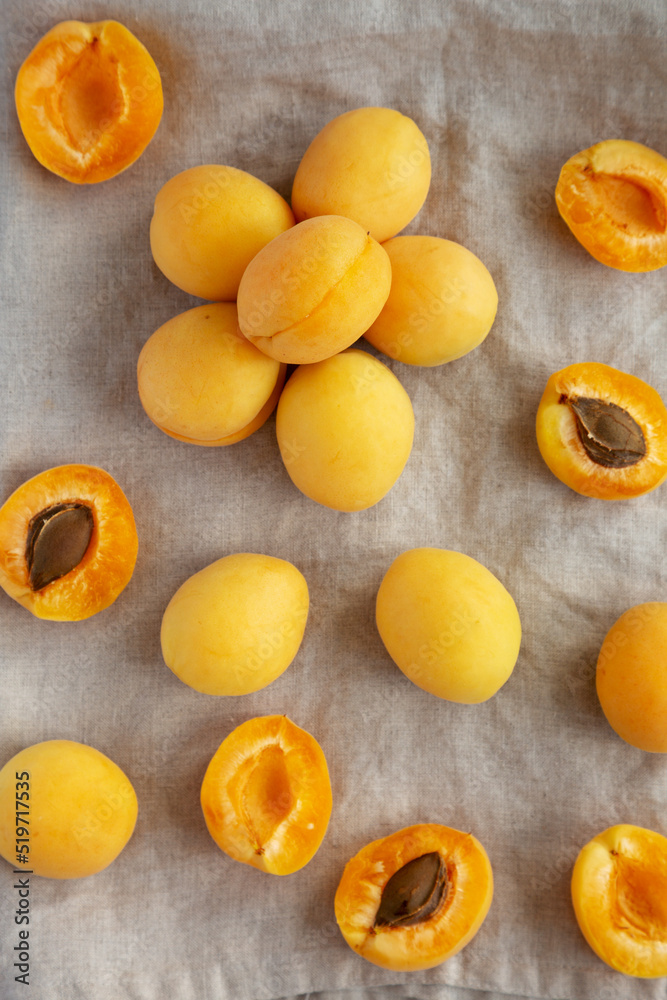 Raw White Apricot Angelcots, top view. Flat lay, overhead, from above.