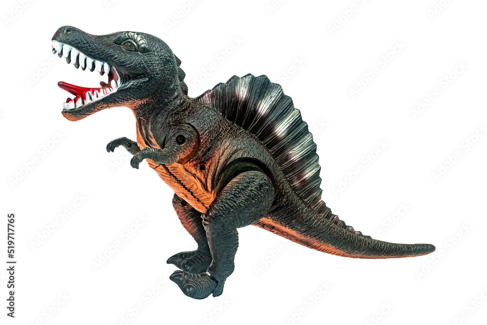 Fototapeta premium Dinosaur plastic figure toy isolated on white background with clipping path. It is the history of animals in the Jurassic period. It's a model about animals that kids love.
