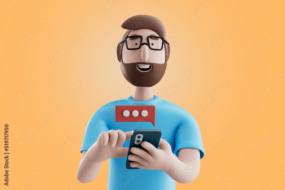 3d illustration..Happy cartoon character man use smartphone with red text bubble over yellow background. Social network messenger concept. 
