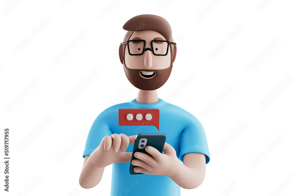 3d illustration..Happy cartoon character man use smartphone with red text bubble over white background. Social network messenger concept. 