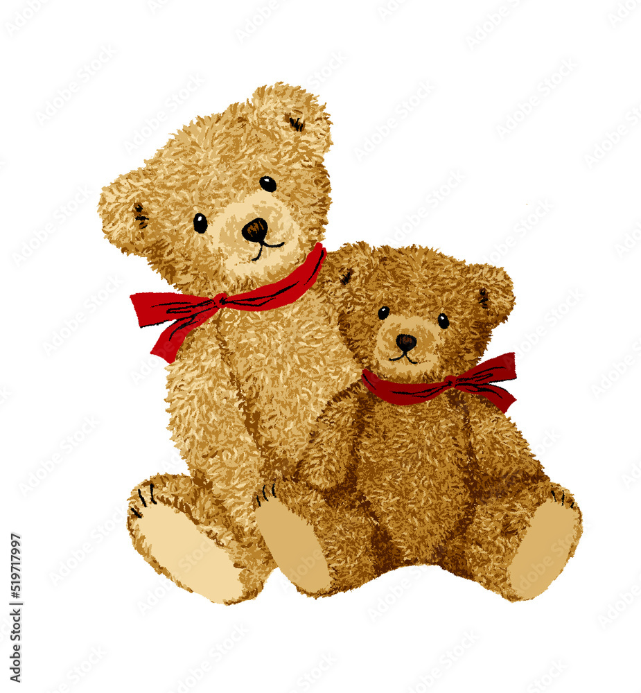 Obraz premium テディベアの親子 赤いリボン カーリーヘアの毛並み かわいいのクマのぬいぐるみのイラスト