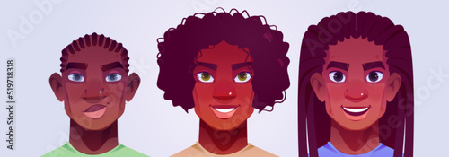 Black man avatars, adult male characters faces. African american personages with curly or braided hair, brown, blue or green eyes. Portraits for social network profiles, Cartoon vector illustration