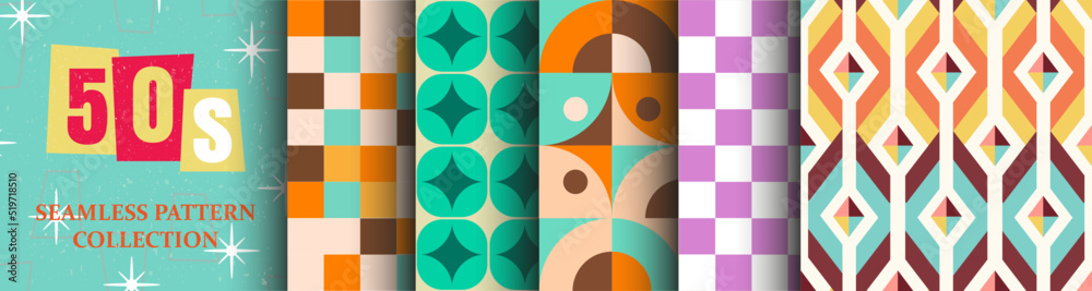 50's Collection of seamless patterns | Set of abstract vivid vector graphics in retro vintage style for apparel | Flyer. poster, banner elements