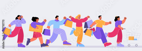 People with shopping cart and bags run to store. Vector flat illustration of group of happy men and women rush to purchases. Concept of discount in mall, black friday sale