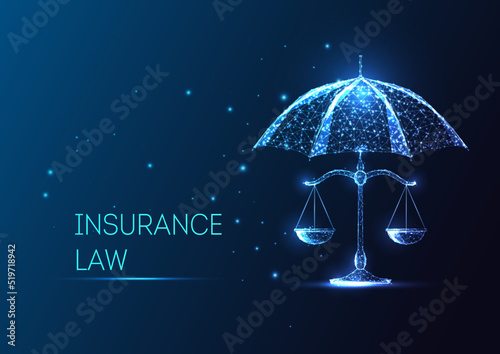 Insurance law, justice protection concept with umbrella covering scales in futuristic style on blue