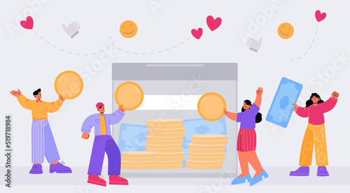 People donate money for charity in glass box. Vector flat illustration of happy women and men with coins and cash, sponsors of financial assistance or crowdfunding project
