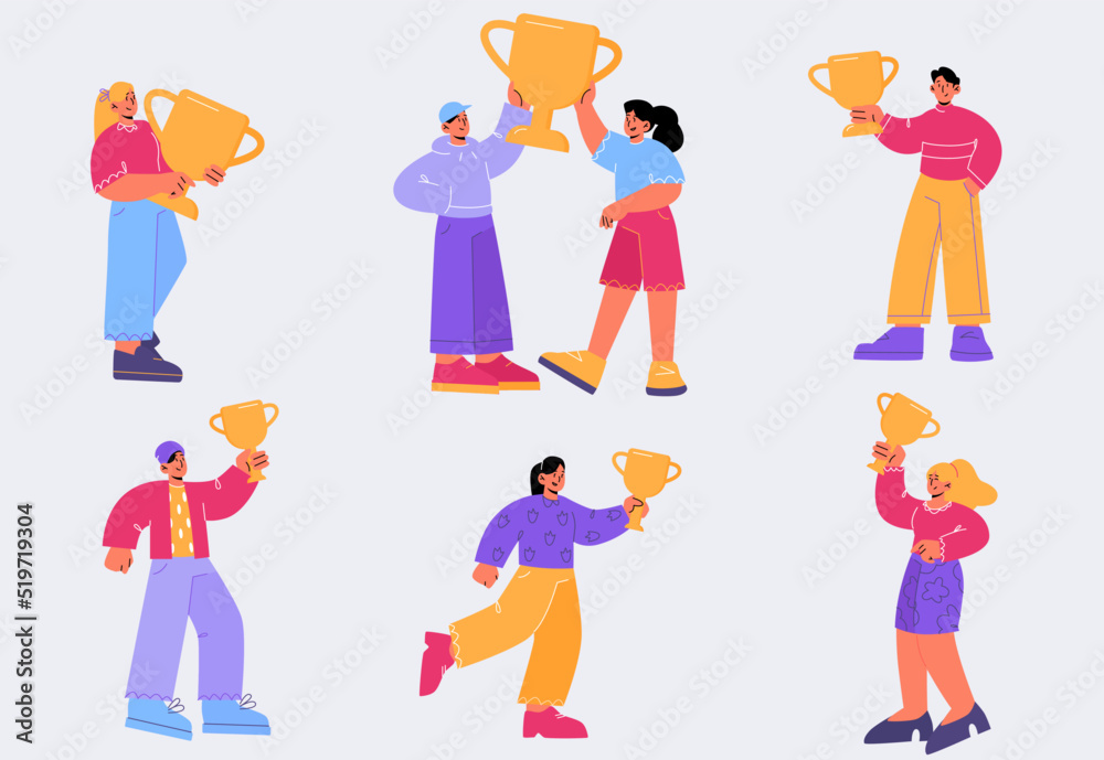 Happy people with trophy cups, winners with first place award goblets for victory in sports or business achievements. Characters celebrate win, competition, prize, success, Line art flat vector set Happy people with trophy cups, winners with first place award goblets for victory in sports or business achievements. Characters celebrate win, competition, prize, success, Line art flat vector set
