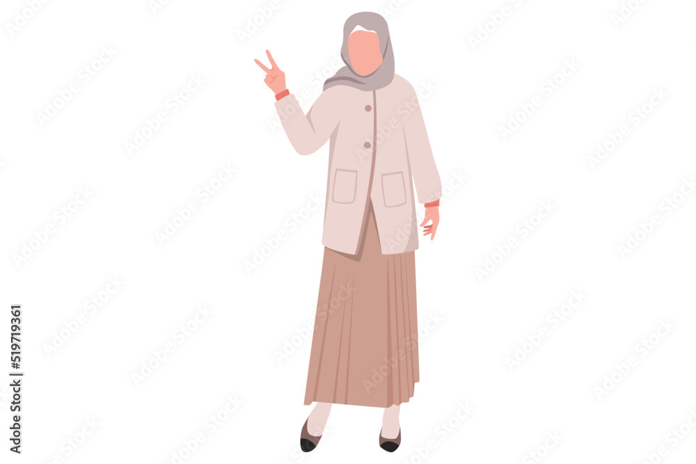 Business design drawing young Arabian businesswoman showing peace gesture with finger. Female character with victory sign. Expression of feelings and emotions. Flat cartoon style vector illustration Business design drawing young Arabian businesswoman showing peace gesture with finger. Female character with victory sign. Expression of feelings and emotions. Flat cartoon style vector illustration