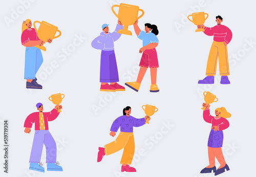 Happy people with trophy cups, winners with first place award goblets for victory in sports or business achievements. Characters celebrate win, competition, prize, success, Line art flat vector set