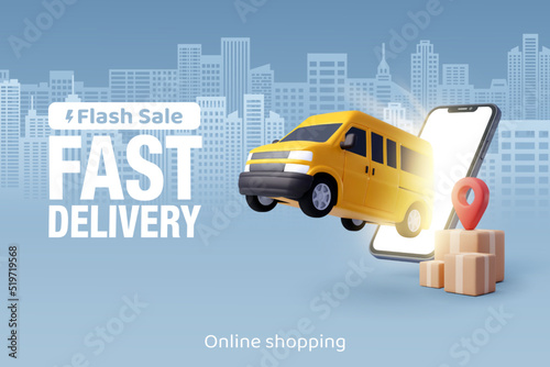 3d Vector of Express delivery van jump out from smartphone. Fast delivery and shipping on blue town background. Fast delivery