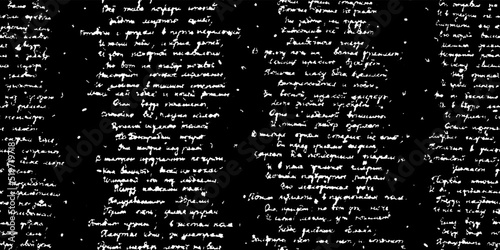 White handwritten illegible poetry text seamless pattern with blots on black background. Old script texture. Monochrome notebook vintage page. Retro unreadable hand drawn document. Ink doodle cursive