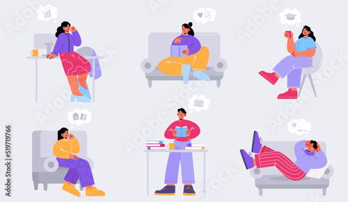 Dreaming people, men and women think of love, graduation, summer, career, own home. Characters with thought bubbles dream about future achievement, business success, marriage, Linear flat vector set