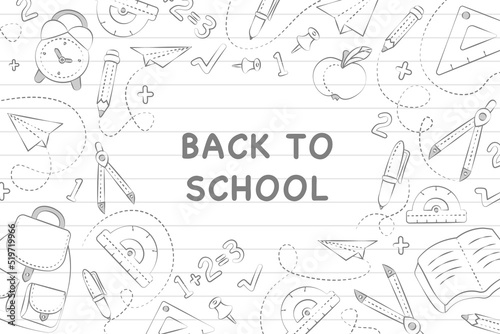 light background with hand-drawn school supplies compasses ruler numbers