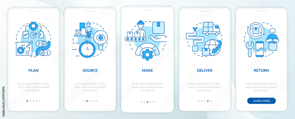 Parts of supply chain management blue onboarding mobile app screen. Walkthrough 5 steps editable graphic instructions with linear concepts. UI, UX, GUI template. Myriad Pro-Bold, Regular fonts used Parts of supply chain management blue onboarding mobile app screen. Walkthrough 5 steps editable graphic instructions with linear concepts. UI, UX, GUI template. Myriad Pro-Bold, Regular fonts used