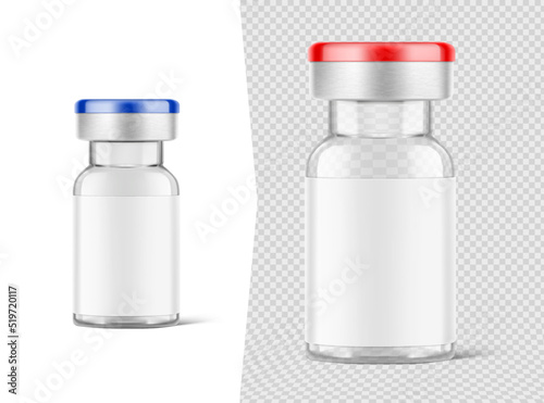 Realistic transparent glass bottles for injections mockup. Vector illustration isolated on white and transparent background. Can be use for medicine, cosmetic and other. Ready for your design. EPS10.	