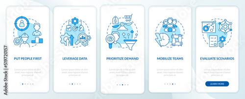 Supply chain priorities blue onboarding mobile app screen. Management walkthrough 5 steps editable graphic instructions with linear concepts. UI, UX, GUI template. Myriad Pro-Bold, Regular fonts used