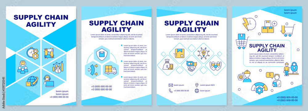 Supply chain agility blue brochure template. Leaflet design with linear icons. Editable 4 vector layouts for presentation, annual reports. Arial-Black, Myriad Pro-Regular fonts used