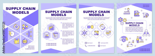 Supply chain models purple brochure template. Leaflet design with linear icons. Editable 4 vector layouts for presentation, annual reports. Arial-Black, Myriad Pro-Regular fonts used