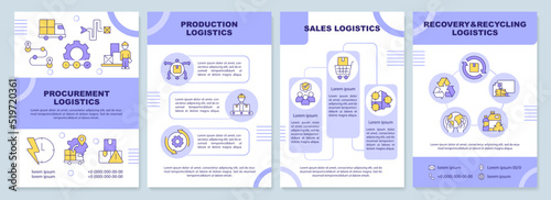 Logistic fields purple brochure template. Supply chain. Leaflet design with linear icons. Editable 4 vector layouts for presentation, annual reports. Arial-Black, Myriad Pro-Regular fonts used