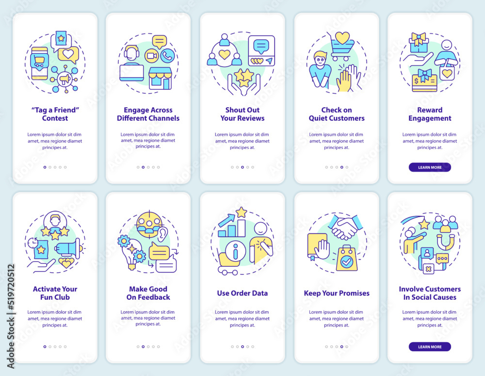 Digital customer engagement onboarding mobile app screen set. Walkthrough 5 steps editable graphic instructions with linear concepts. UI, UX, GUI template. Myriad Pro-Bold, Regular fonts used