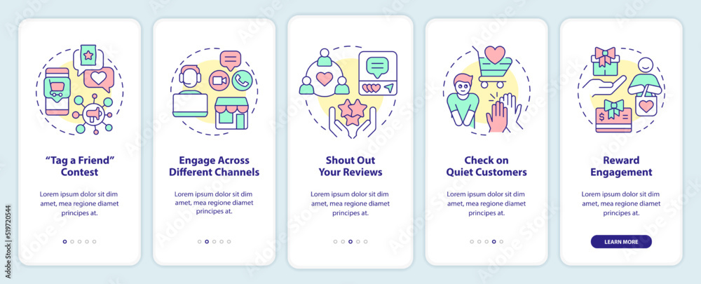 Customer engagement strategies onboarding mobile app screen. Walkthrough 5 steps editable graphic instructions with linear concepts. UI, UX, GUI template. Myriad Pro-Bold, Regular fonts used