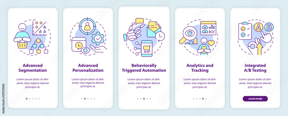Customer engagement platform features onboarding mobile app screen. Walkthrough 5 steps editable graphic instructions with linear concepts. UI, UX, GUI template. Myriad Pro-Bold, Regular fonts used
