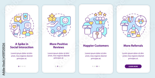 Tracking customer engagement onboarding mobile app screen. Walkthrough 4 steps editable graphic instructions with linear concepts. UI, UX, GUI template. Myriad Pro-Bold, Regular fonts used