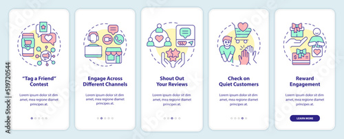 Customer engagement strategies onboarding mobile app screen. Walkthrough 5 steps editable graphic instructions with linear concepts. UI, UX, GUI template. Myriad Pro-Bold, Regular fonts used © bsd studio